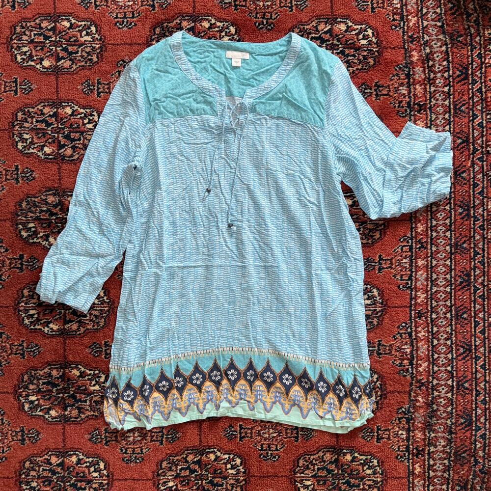 J.Jill Sz S Aqua Blue Border Print Tunic Soft Rayon Swimsuit‎ Coverup